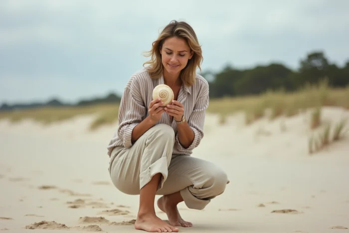 Femme ramassant un coquillage sur une plage des Landes avec des dunes et des pins en arrière-plan