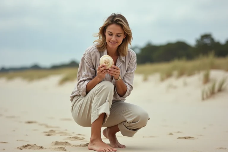 Femme ramassant un coquillage sur une plage des Landes avec des dunes et des pins en arrière-plan