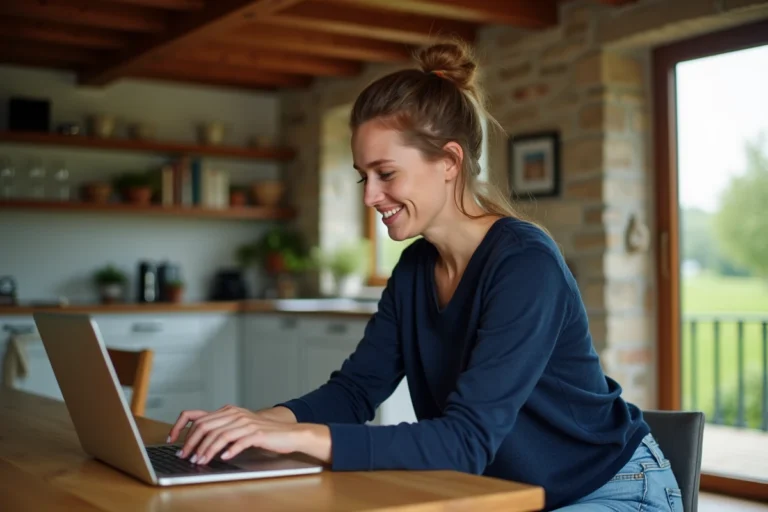 Femme consultant des annonces immobilières en Normandie sur son ordinateur portable dans une maison normande en pierre