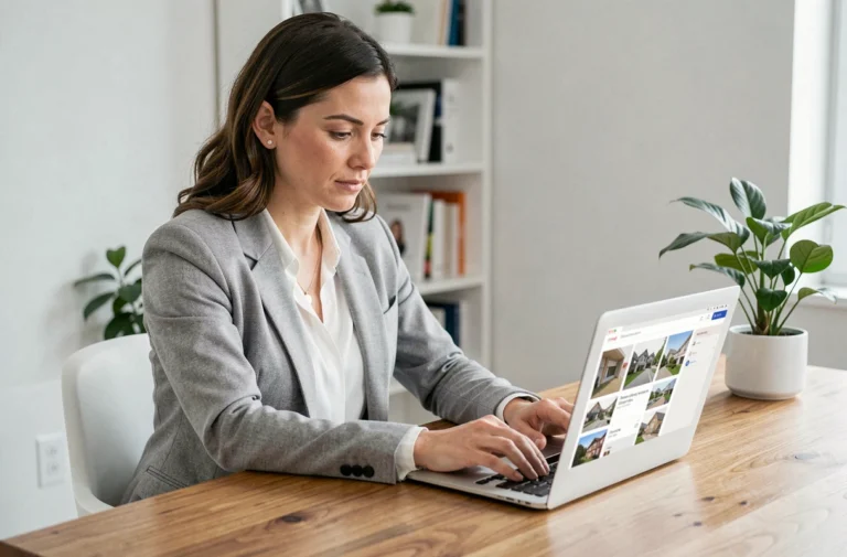 Femme consultant des annonces immobilières en Suisse sur son ordinateur portable dans un bureau moderne
