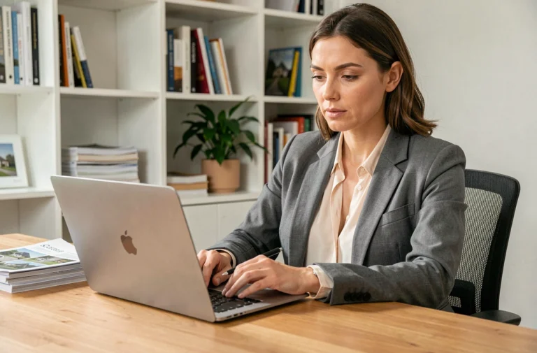 Femme consultant des annonces immobilières sur un ordinateur portable dans un bureau à domicile organisé