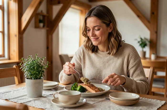 Femme savourant un repas équilibré riche en protéines pour relancer le métabolisme et favoriser la perte de poids