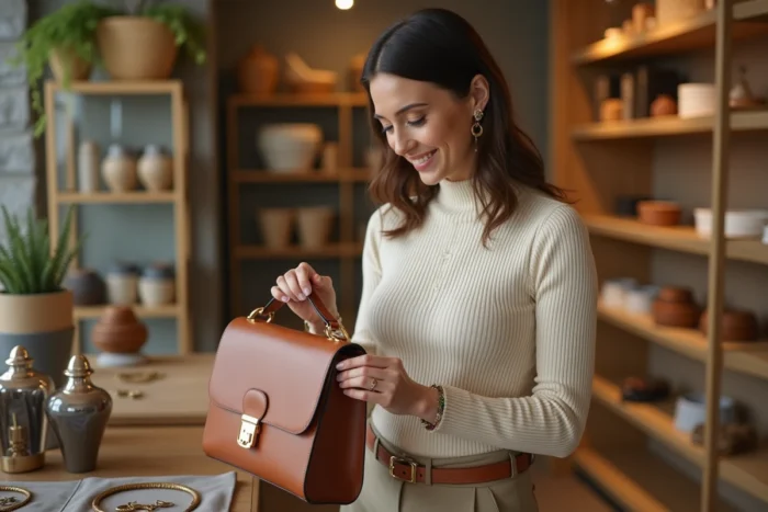 Femme élégante examinant un sac à main en cuir structuré dans une boutique d'accessoires tendance, guide pour bien choisir ses accessoires de mode essentiels