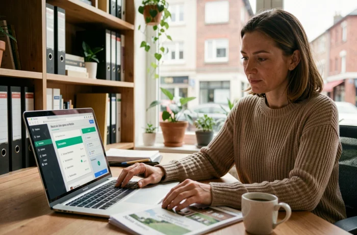 Femme simulant son crédit immobilier sur ordinateur depuis son bureau à domicile
