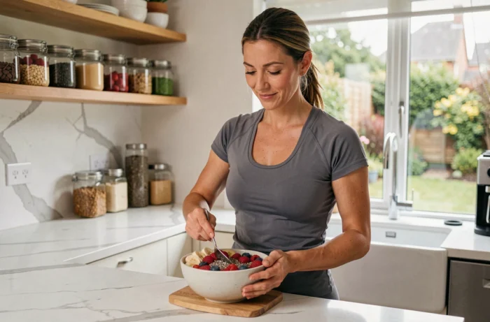 Femme préparant un bol de smoothie healthy pour stimuler le métabolisme et favoriser la perte de poids