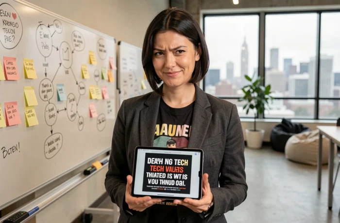 Femme skeptique tenant une tablette affichant une actualité tech dans un espace de coworking moderne rempli de notes et de diagrammes