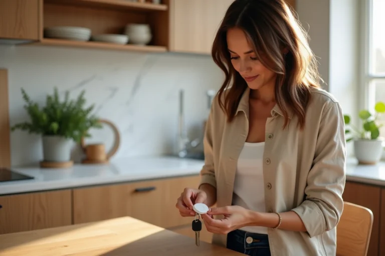 Femme attachant un traceur Bluetooth Rabbit Finder à son trousseau de clés dans une cuisine moderne
