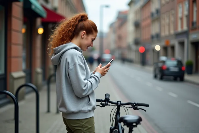 Jeune femme vérifiant la localisation de son vélo avec un traceur Rabbit Finder en milieu urbain
