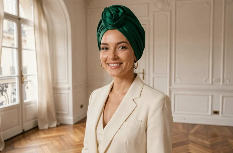 Femme élégante portant un turban en soie vert émeraude avec un blazer crème dans un appartement parisien