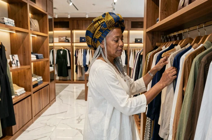 Femme mature avec un turban imprimé wax coloré en boutique de mode tendance