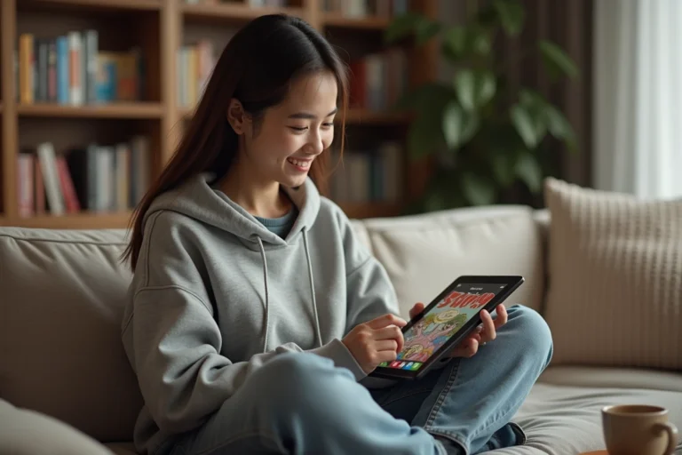 Jeune femme lisant des webtoons sur une tablette avec un code promo dans un salon cosy