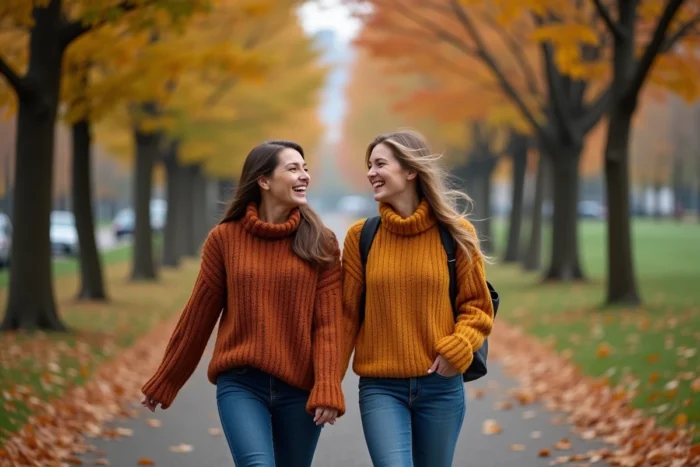 Deux femmes souriantes se promenant dans un parc en automne habillées de pulls en maille colorés