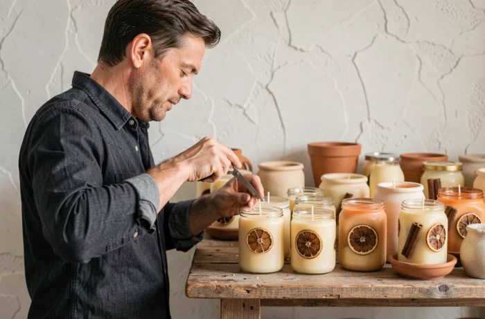 Homme coupant les mèches de bougies naturelles maison refroidies dans des bocaux en verre recyclés avec des plantes séchées et des épices incorporées