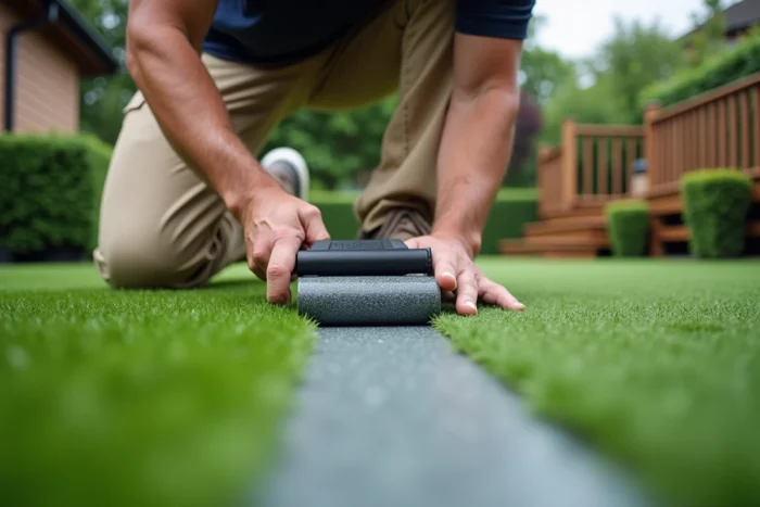 Professionnel fixant les joints entre deux lés de gazon synthétique avec un rouleau et du ruban adhésif dans un jardin privé