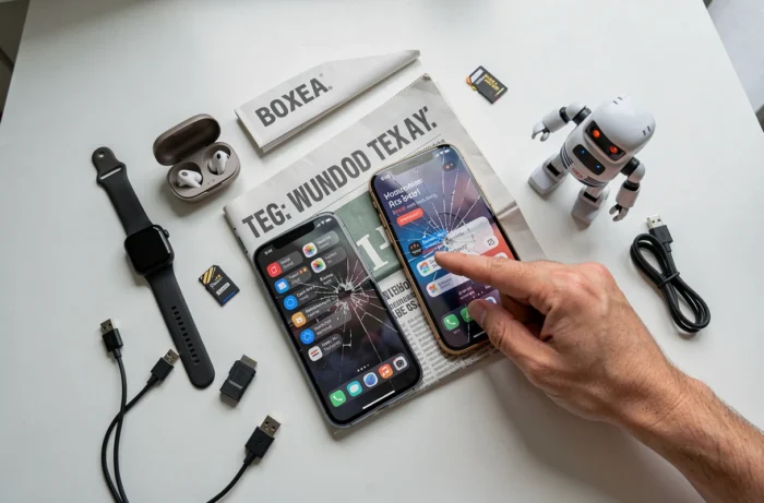 Flat lay éditorial de gadgets technologiques modernes avec une main pointant une manchette d'actualité insolite sur un bureau minimaliste