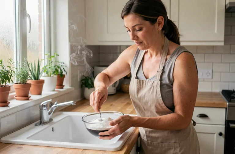 Femme réalisant de la fumée avec du bicarbonate dans un bol en verre dans une cuisine moderne