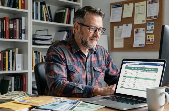 Père de famille concentré devant son ordinateur portable en train de gérer le budget familial et les factures à son bureau