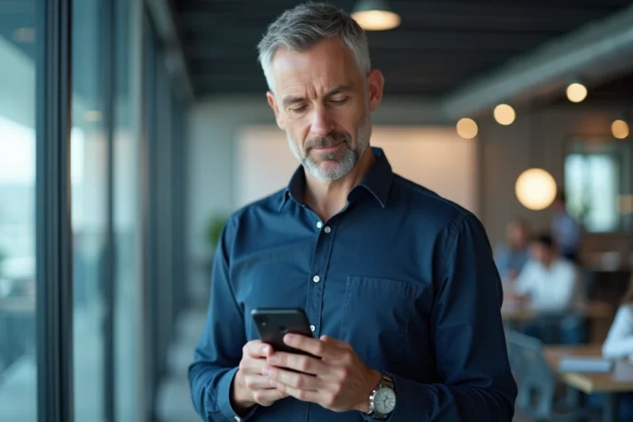 Homme gérant son compte utilisateur en ligne depuis un smartphone dans un bureau moderne