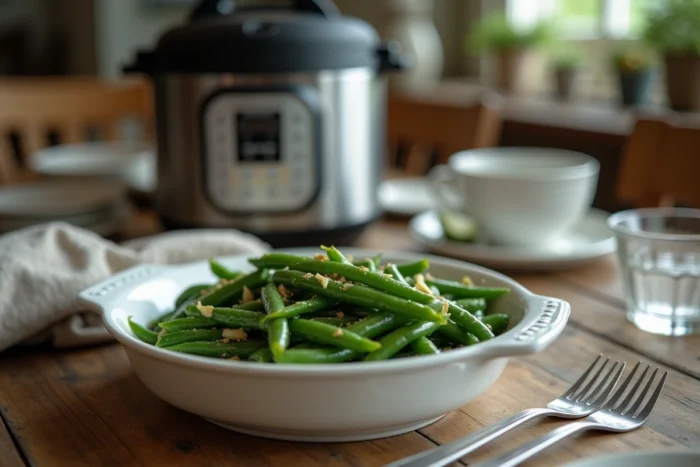 Plat de haricots verts réchauffés à la cocotte minute servis sur une table de cuisine rustique avec ail et huile d'olive