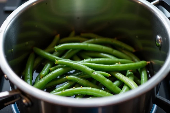 Gros plan sur des haricots verts cuits et réchauffés dans une cocotte minute en inox sur une cuisinière à gaz
