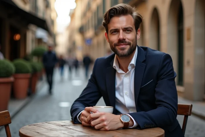 Homme stylé en blazer marine au café avec montre en cuir et bague minimaliste, accessoires essentiels pour sublimer un look masculin au quotidien