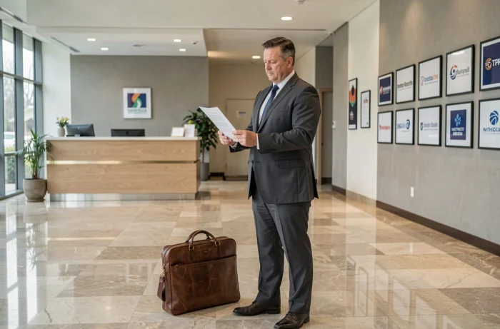 Homme d'affaires consultant un document à l'entrée du siège social d'une entreprise