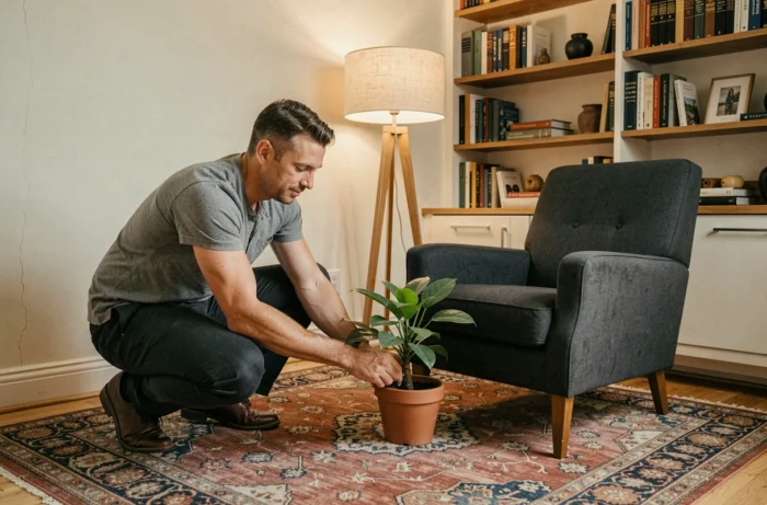 Homme aménageant un coin lecture avec une plante en pot dans un appartement décoré avec goût