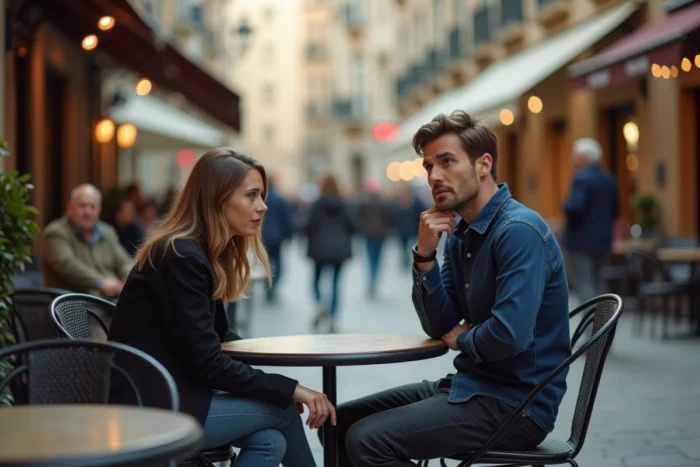 Homme en couple regardant discrètement ailleurs dans un café en terrasse, sa partenaire l'observe avec curiosité