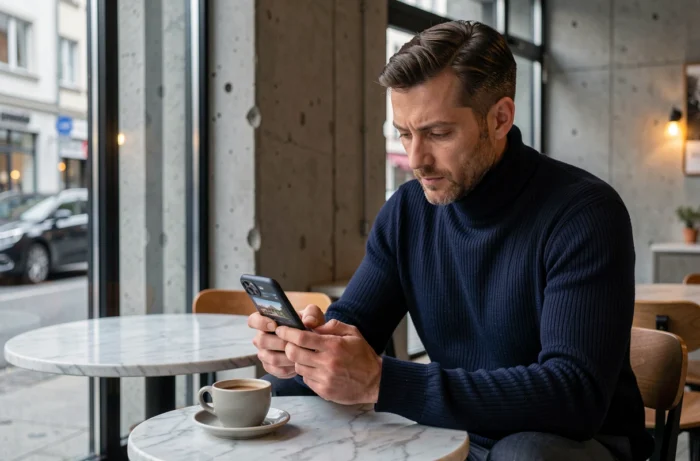Homme consultant une application immobilière sur smartphone dans un café urbain suisse