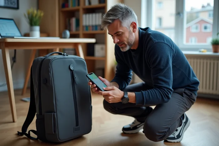Homme utilisant l'application Rabbit Finder sur smartphone pour localiser son sac à dos à domicile