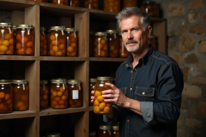 Homme inspectant un bocal de fruits macérés dans l'alcool dans une cave traditionnelle française