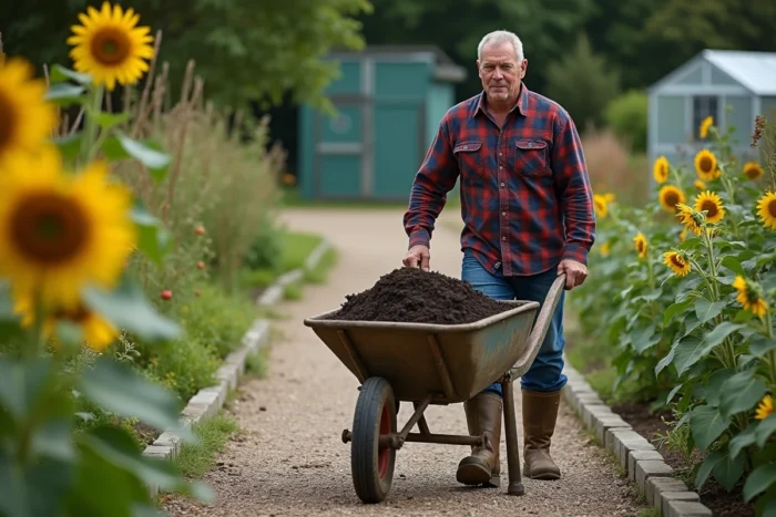 Homme transportant du fumier de cheval dans une brouette dans un grand jardin de campagne