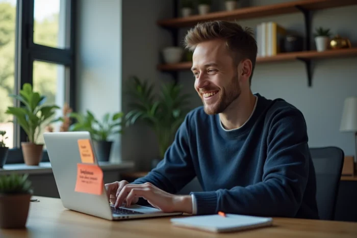 Homme utilisant un code promo Webtoon sur son ordinateur portable dans un bureau à domicile