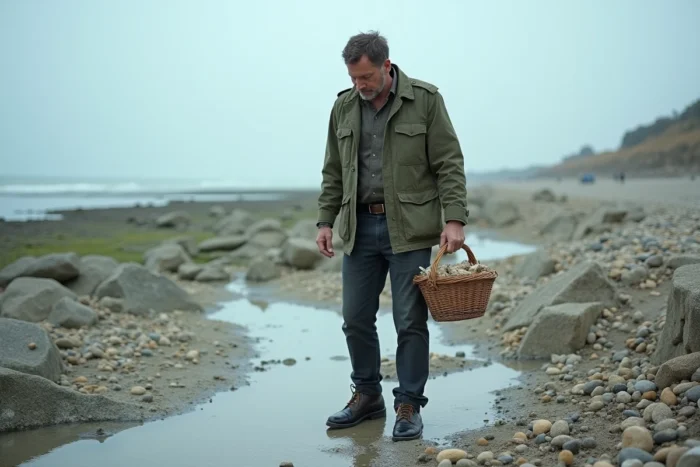 Homme collectant des coquillages dans une zone de rochers découverts à marée basse sur la côte des Landes