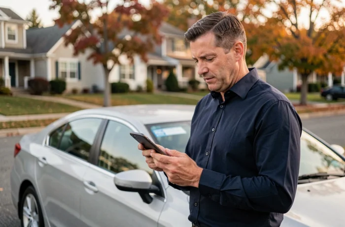 Homme consultant son contrat d'assurance auto en ligne depuis son smartphone devant sa voiture
