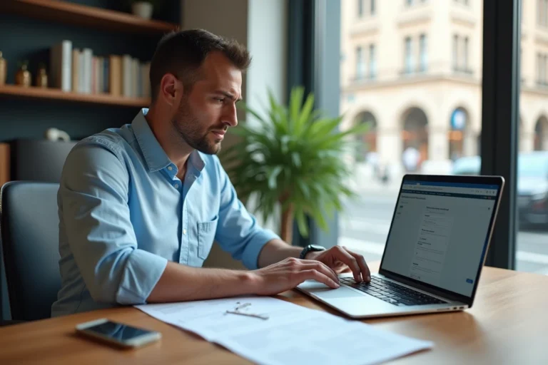 Homme consultant son compte CPF sur un ordinateur portable avec des documents officiels sur un bureau en bois
