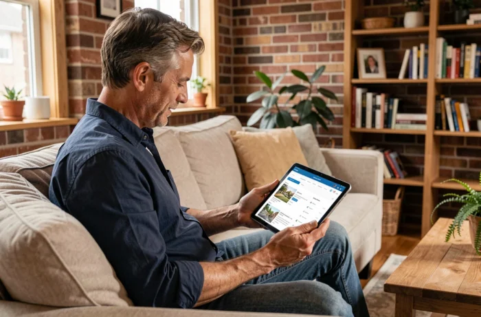 Homme consultant un site immobilier sur tablette depuis son salon avec navigation par pages visible