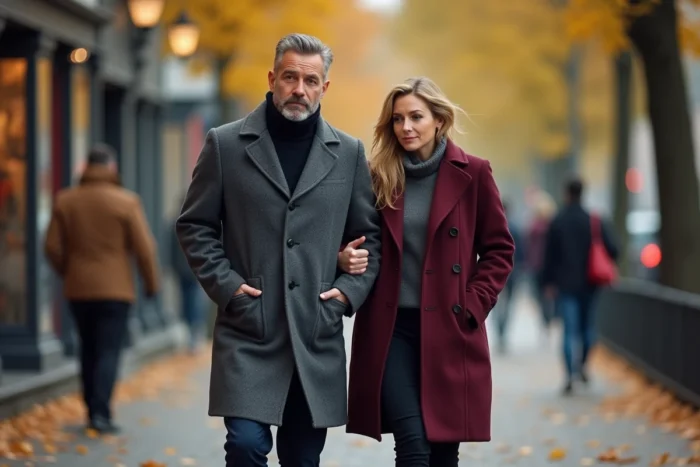 Couple se promenant en ville en automne, l'homme tournant légèrement la tête ailleurs pendant que sa partenaire reste concentrée