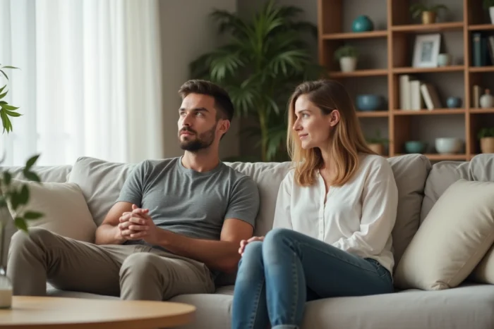Homme distrait regardant par la fenêtre dans un salon moderne pendant que sa compagne remarque son manque d'attention
