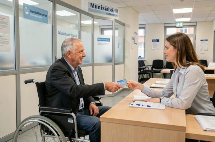 Homme en fauteuil roulant présentant sa carte d'invalidité au guichet d'un service fiscal pour bénéficier d'une exonération