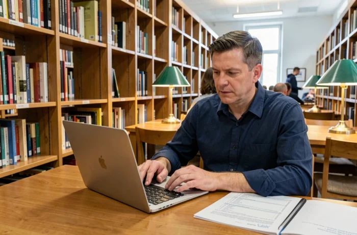 Homme consultant une fiche de grammaire dans une bibliothèque publique tout en tapant sur un ordinateur portable