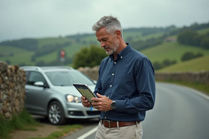 Homme consultant un itinéraire Michelin sur tablette au bord d'une route de campagne française
