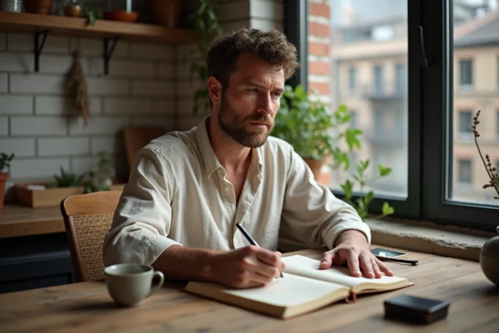 Homme d'âge mûr écrivant dans un journal de bien-être dans une cuisine rustique avec mug de tisane