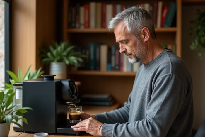 Homme préparant un espresso avec une machine à grains intégrée dans un coin bureau à domicile