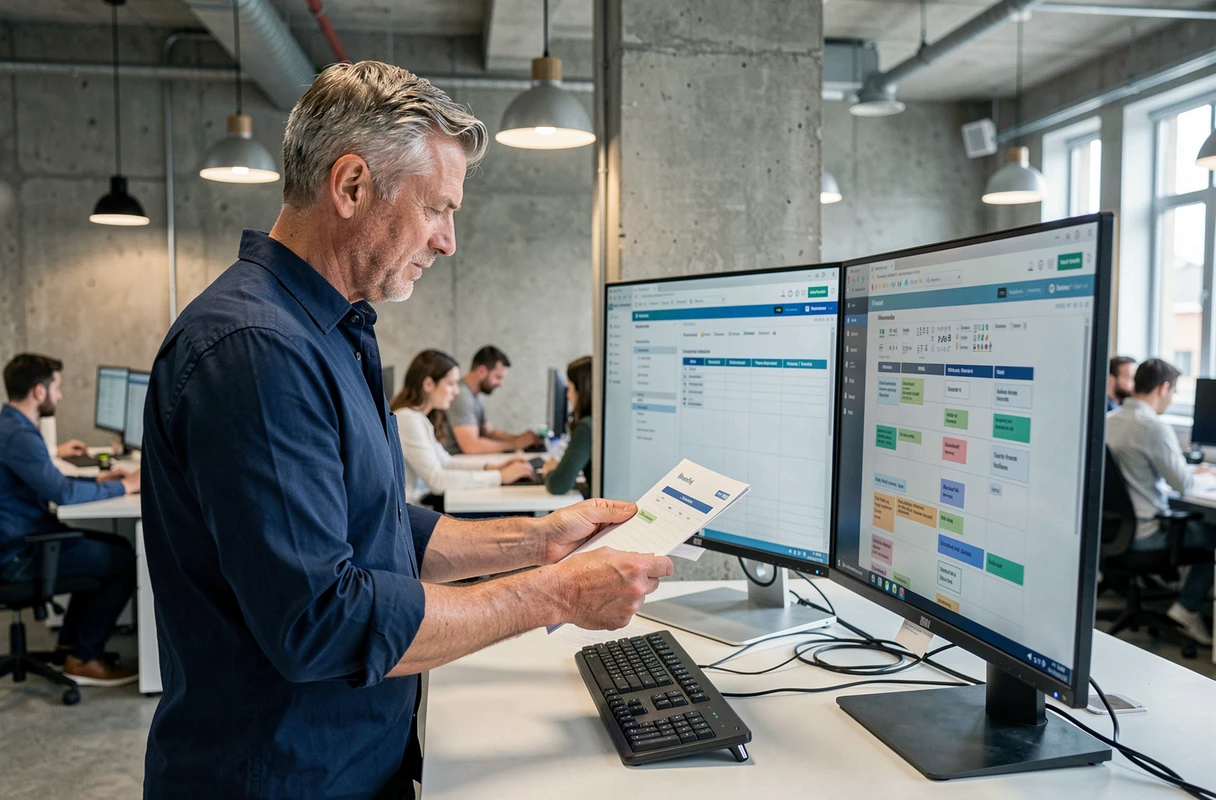 Homme debout à son bureau examinant un planning hebdomadaire dans un open space professionnel moderne