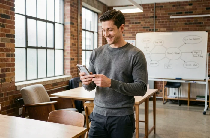 Jeune professionnel masculin gérant une stratégie de communication digitale sur smartphone dans un espace de coworking