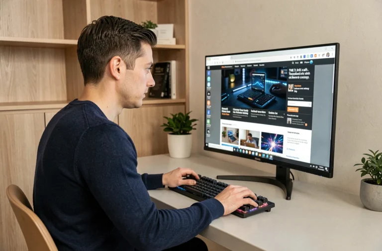 Homme consultant les dernières tendances high-tech sur un site spécialisé depuis son bureau moderne