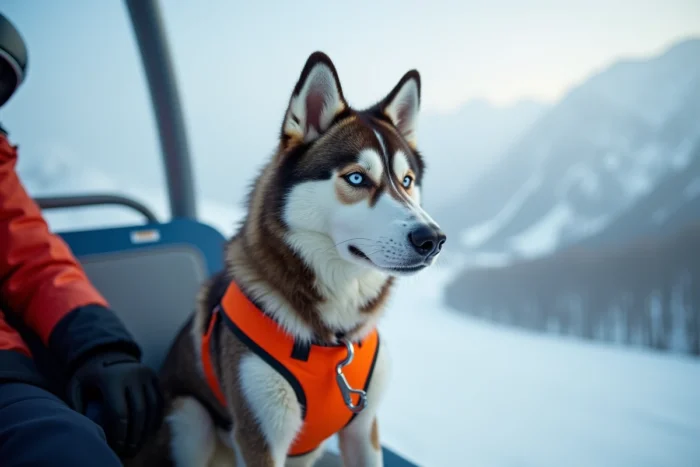 Husky en harnais orange installé sur un télésiège avec vue sur les pistes enneigées de montagne