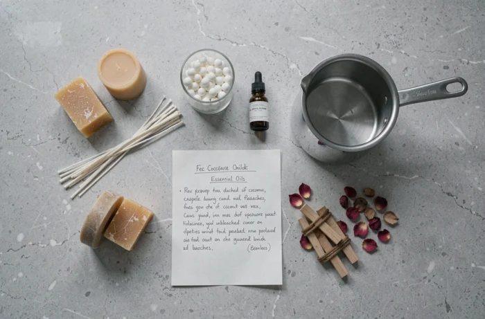 Vue aérienne des ingrédients et matériaux nécessaires à la fabrication de bougies naturelles maison, cire d'abeille, mèches coton, huiles essentielles et pétales séchés