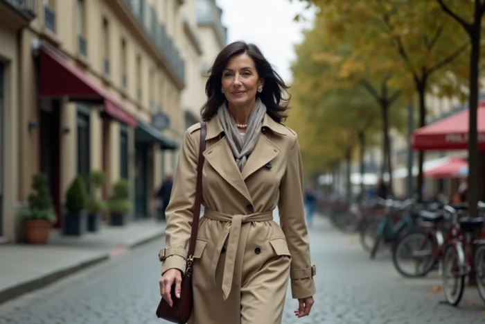 Femme se promenant dans une rue pavée d'une capitale européenne, portant un manteau beige et un sac en cuir, atmosphère automnale